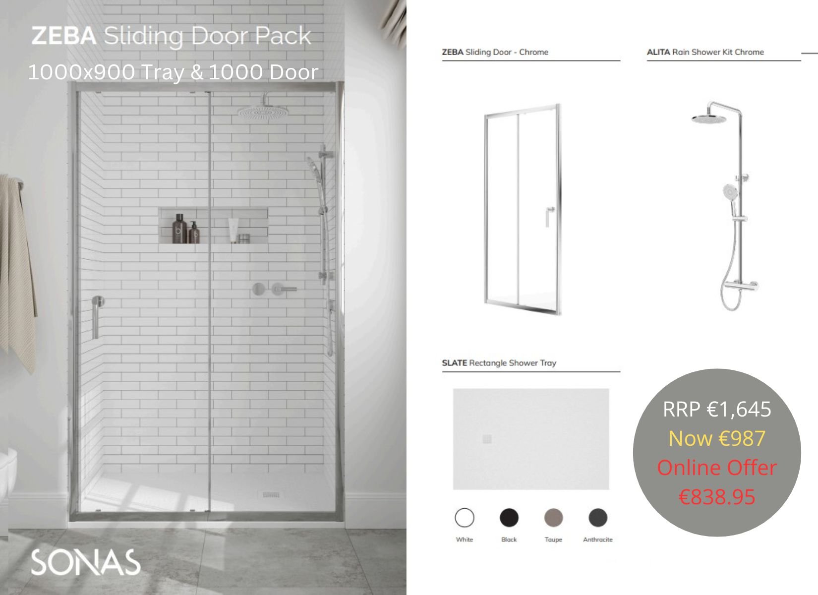 ZEBA SLIDING DOOR PACK 900X1000 RECTANGLE TRAY WHITE & SHOWER