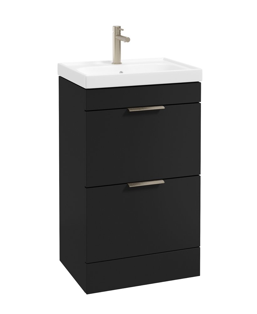 STOCKHOLM FLOORSTANDING 50CM TWO DRAWER VANITY UNIT MATT BLACK - BRUSHED NICKEL HANDLE